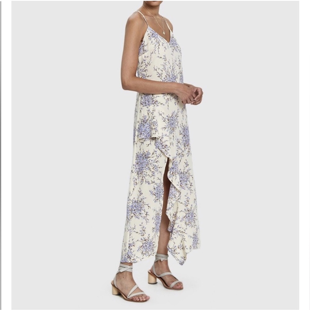 farrow | cream and lavender floral maxi dress with ruffle slit